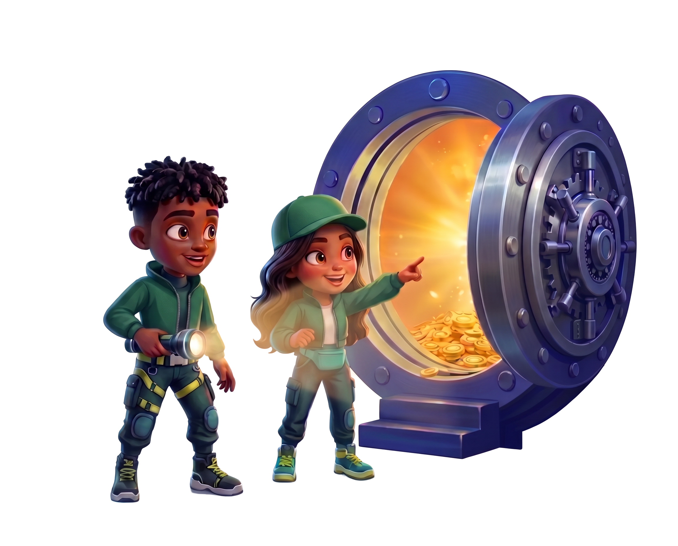 Two children exploring a glowing coin vault filled with gold coins